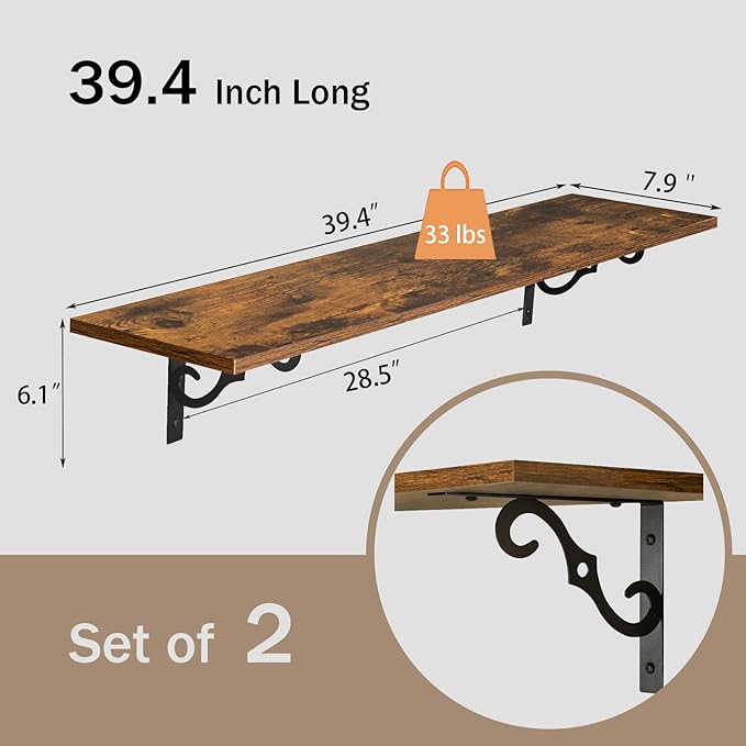 DINZI LVJ Long Wall Shelves, 39.4" Large Floating Shelves Set of 2, Farmhouse Display Shelf Wall Mounted with Heavy Duty Brackets, Easy Assembly for Kitchen, Bathroom, Bedroom, Balcony, Rustic Brown