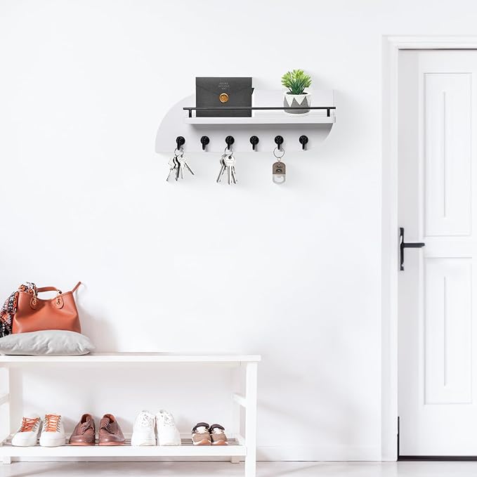 Key Holder for Wall, Decorative Key and Mail Organizer with 6 Sturdy Metal Hooks and Floating Shelf, 14 Inches Wood Wall Mounted Key Rack for Entryway, White and Black