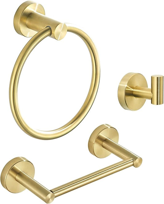 Gold Bathroom Hardware Set, Brushed Gold Toilet Paper Holder Towel Ring Robe Hooks Wall Mount Hand Towel Holder Bath Accessories Stainless Steel, 3 Pieces