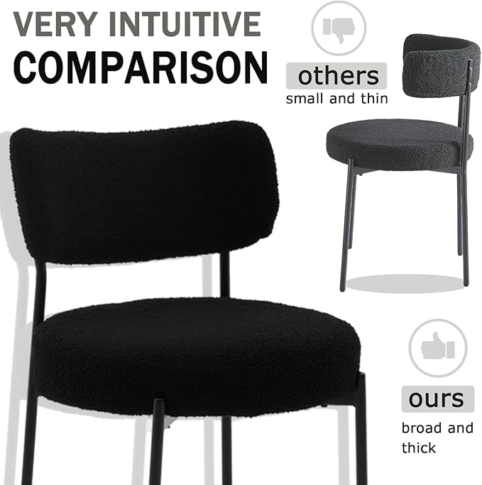 Black Boucle Dining Chairs Set of 6, Upholstered Dinner Chair with Metal Frame, Dining Room Chairs with Padded Seat, Round Modern Seating for Living Room