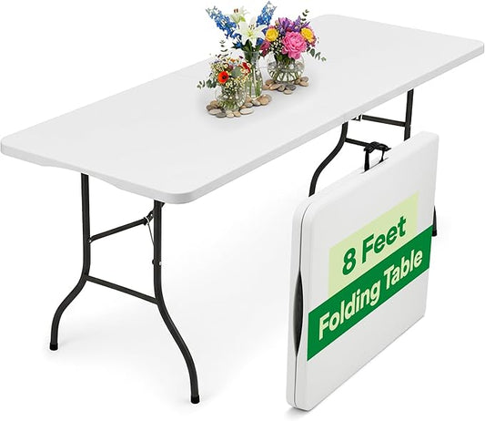 EconoHome White 8ft Folding Table with Handle | Heavy-Duty Foldable Table | Portable Table for Indoor & Outdoor Use | Perfect for Events, Camping, Parties, Dining & More