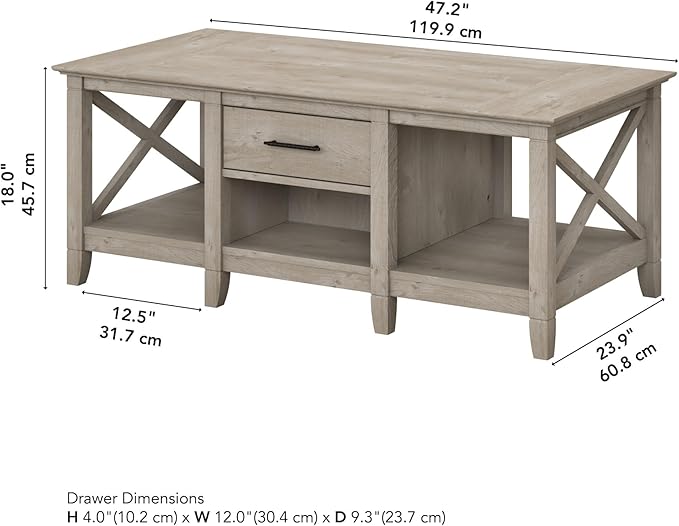 Bush Furniture Coffee Table with Storage with Aged Bronze Hardware | Key West Collection Center Counter for Living Room | 47Wx24Dx18H