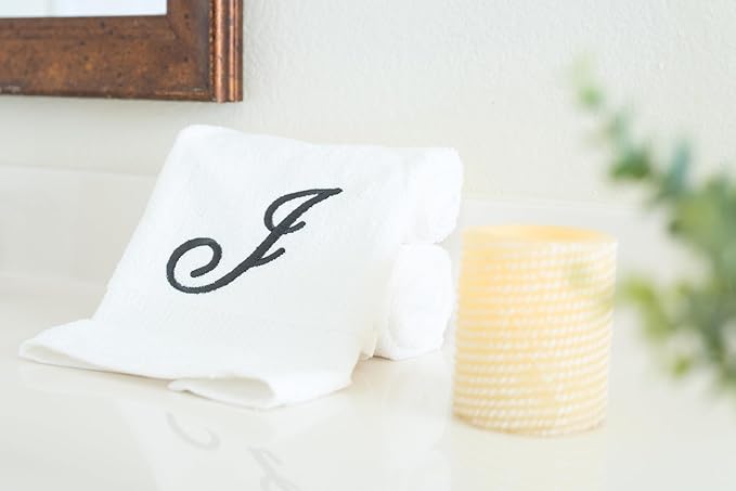 White Monogrammed Hand Towels for Bathroom - Luxury Hotel Quality Personalized Initial Embroidered Towel for Powder Room, Spa - GOTS Organic Certified - Set of 2 Dark Gray Letter J