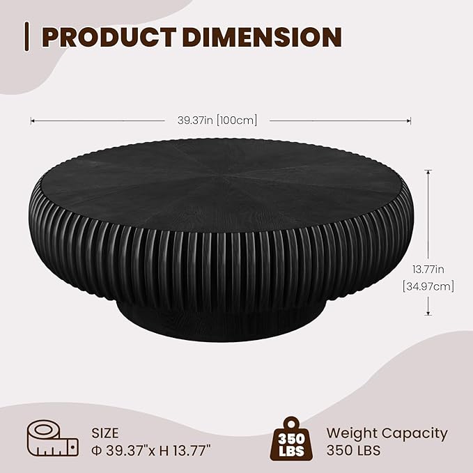 Round Drum Coffee Table for Living Room, Mid Century Modern Coffee Table with Sturdy Pedestal, Farmhouse Fluted Circle Center Table Accent Tea Table for Apartment (Large Black)
