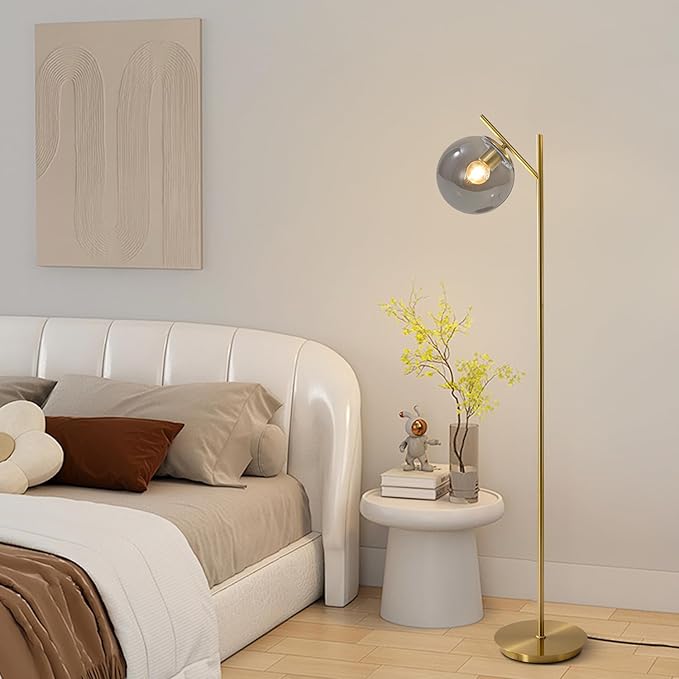 Farmhouse Floor Lamp Retro Smoky Gray Glass Standing Tall Lamps Vintage Brass Freestanding Floor Lamps Adjustable Globe Floor Lamp for Office Bedroom