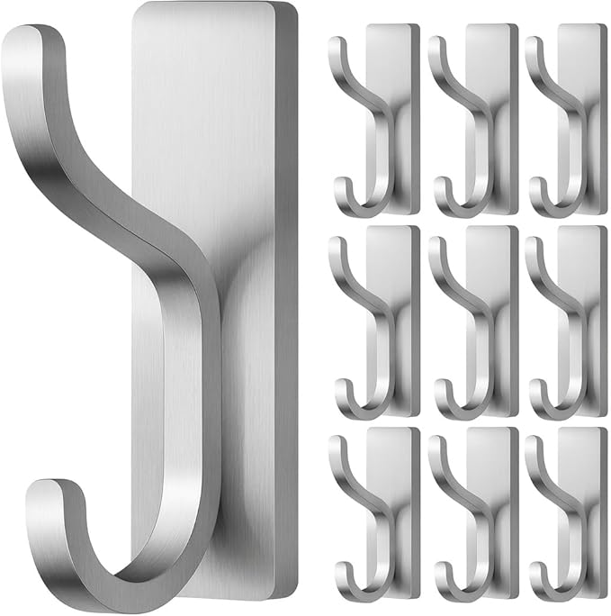 pickpiff 10-Pack Adhesive Wall Coat Hooks - Heavy Duty Stick-On Door Hanger, Metal Hook for Hanging Towel,Purse, Robe, Backpack, Jacket, Clothes - for Bathroom,Dorm, Closet, Kitchen - Brushed Silver