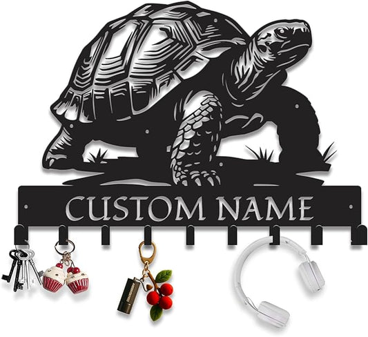 Custom Tortoise Metal Key Holder for Wall, Personalized Family Name Metal Sign with Hooks, Entryway Coat Rack and Organizer for Keys, Leashes, Hats (Style-1)