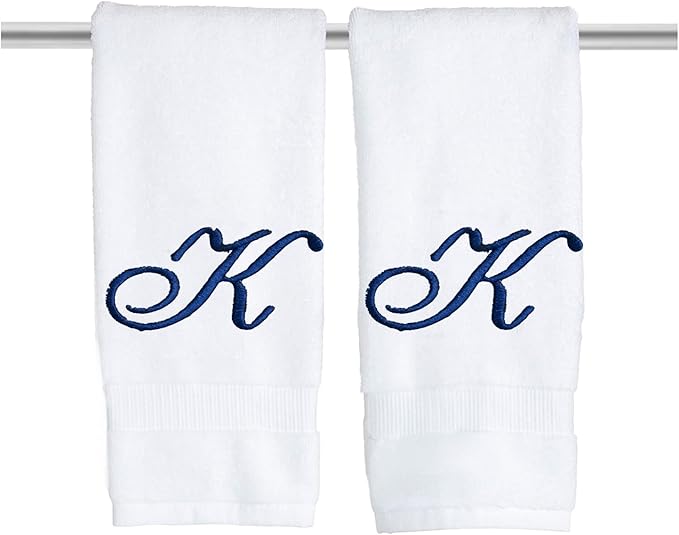 White Monogrammed Hand Towels for Bathroom - Luxury Hotel Quality Personalized Initial Embroidered Towel for Powder Room, Spa - GOTS Organic Certified - Set of 2 Navy Letter K
