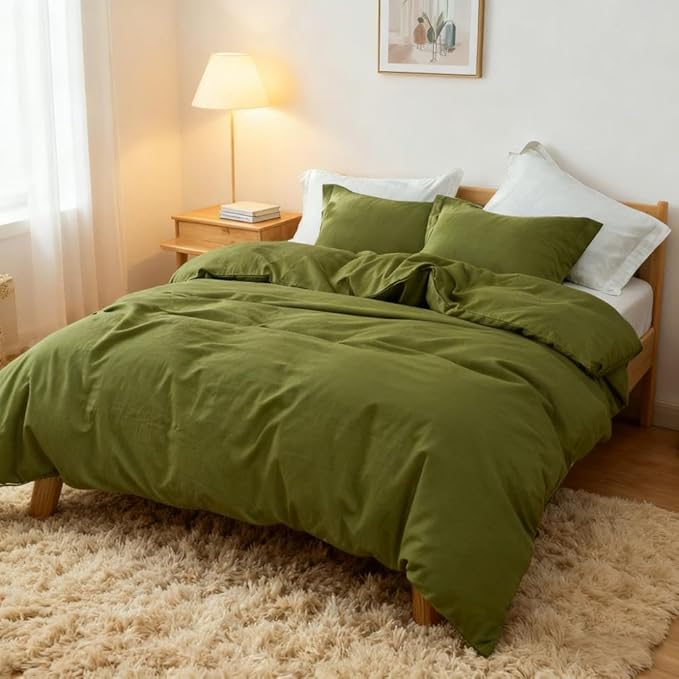 Simple&Opulence French Linen Duvet Cover Set 78" x 86"- 3 Pieces (1 Comforter Cover,2 Pillowcases)- Natural Flax Cotton Blend-Solid Color Breathable Farmhouse Bedding-Forest Green, Full