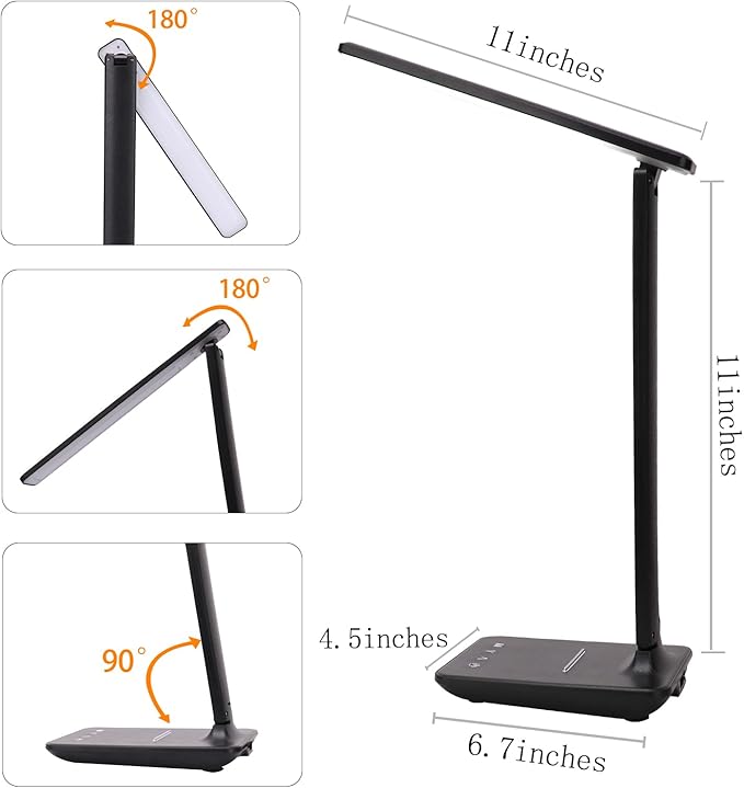 Led Desk Lamp Dimmable Table Lamp with USB Charging Port, 5 Lighting Modes, Sensitive Control, Foldable Portable Dorm Desk Lamps for Home Office Bedroom Reading Study Work (Black)