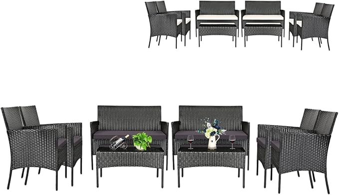 Tangkula 8 Pieces Patio Furniture Set, Outdoor Wicker Conversation Set with Tempered Glass Tabletop, Rattan Sofa and Chairs Set with Off White & Grey Cushion Covers