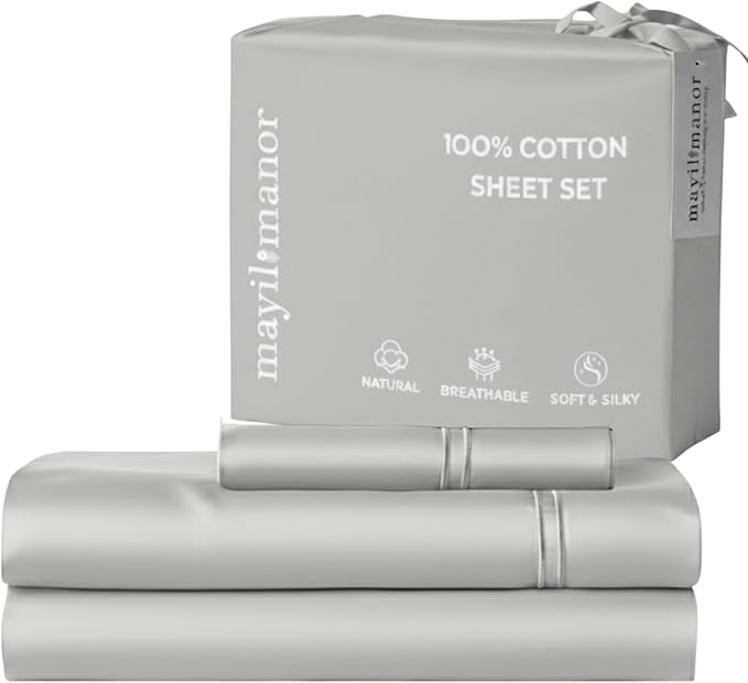 100% Natural Cotton Bed Sheets | 500 TC Single-Ply Sateen Weave Twin Sheets Set | Soft, Breathable, Hypoallergenic Solid 3-Piece Bedding with Deep Pocket Fitted, Flat, Pillowcase | Grey
