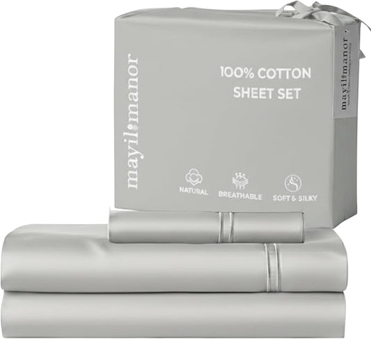 100% Natural Cotton Bed Sheets | 500 TC Single-Ply Sateen Weave Twin Sheets Set | Soft, Breathable, Hypoallergenic Solid 3-Piece Bedding with Deep Pocket Fitted, Flat, Pillowcase | Grey