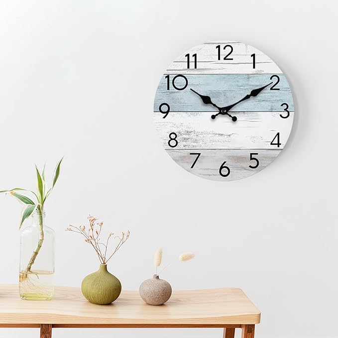 Wall Clock Silent Non-Ticking Wooden Clocks Battery Operated 12 Inch Small Country Retro Rustic and Beach Style Decorative for Living Room, Kitchen, Home,Bathroom, Bedroom (Blue)
