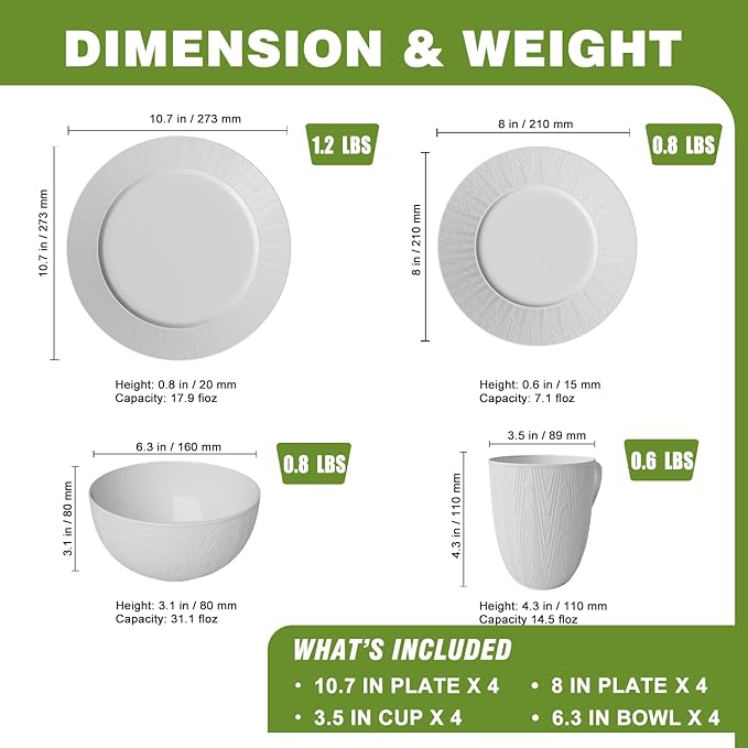 Yoshy Bone China Dinnerware with Lightweight Durable Chip Resistant Design Service for 4 (16 Piece - Service for 4, Streamsong)