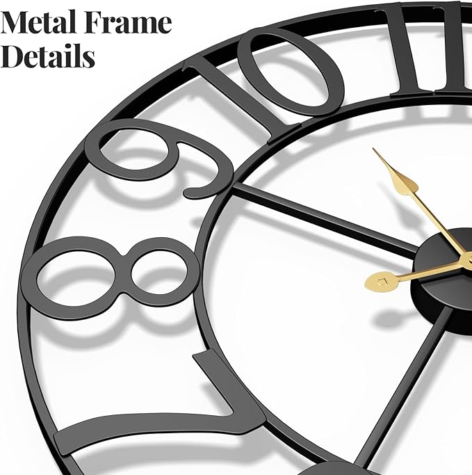 Black 16 Inch Wall Clock Decorative, Modern Metal Clock for Lving Room, Battery-Operated Silent Non Ticking Arabic Numerals Wall Clocks for Bedroom, Kitchen, Dining Room, Office