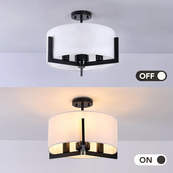16 inch Semi Flush Mount Ceiling Light: 3-Light Black Modern Light Fixtures Ceiling Mount with Drum Fabric Shade, Close to Ceiling Lamp for Bedroom, Kitchen, Entryway (Bulb Exclude)