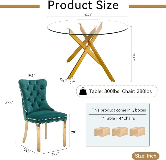 Goujxcy 5 Piece Round Glass Dining Table Set for 4, 47" Round Dining Table & Chair Set Modern Circle Glass Kitchen Table and 4 Velvet Upholstered Chairs for Kitchen Dining (Gold Table & Green Chair)