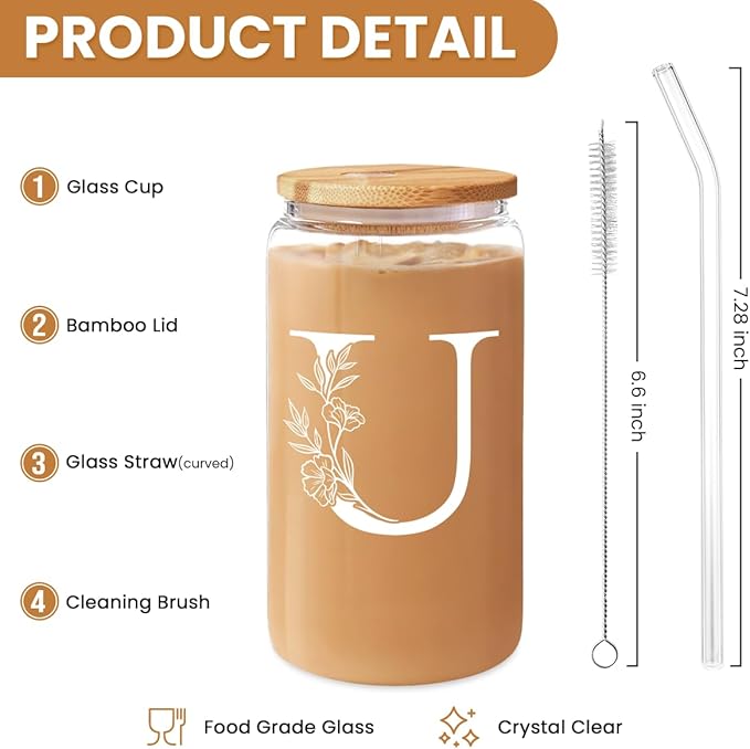 SANDJEST Monogrammed Gifts for Women - Monogram U Initial Glass Cup 16 Oz Can Coffee Cups with Lid and Straw - Monogram Initials Gifts for Womens on Birthday