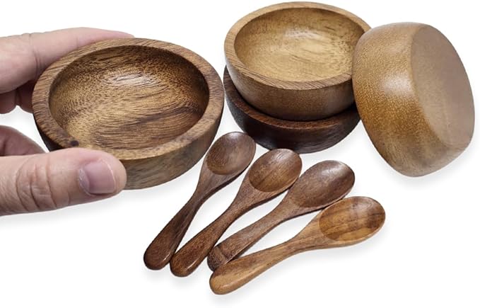 Set of 4 Small Round Acacia Wooden Bowls 2¾ Inch Diameter With Spoons - Stackable Mixing Bowl for Salad Soup Snack Salsa Dip Sauce Charcuterie Wood Tableware Sets for Decor and Serving