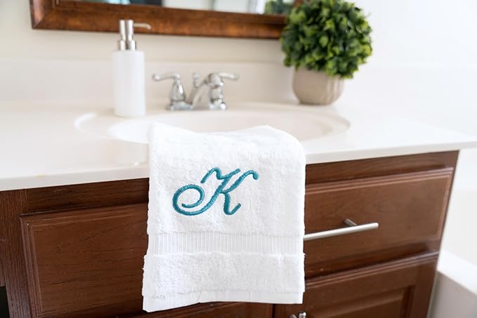 White Monogrammed Hand Towels for Bathroom - Luxury Hotel Quality Personalized Initial Embroidered Towel for Powder Room, Spa - GOTS Organic Certified - Set of 2 Teal Letter K