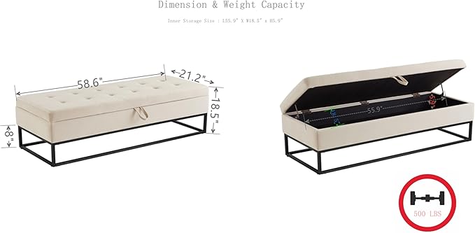 mikibama Velvet Storage Bench,58.6" Long Ottoman with Storage for Living Room,Tufted Storage Benches for Bedroom End of Bed,Entryway,Rectangle Window Seating Bench with Storage. (Velvet Beige)