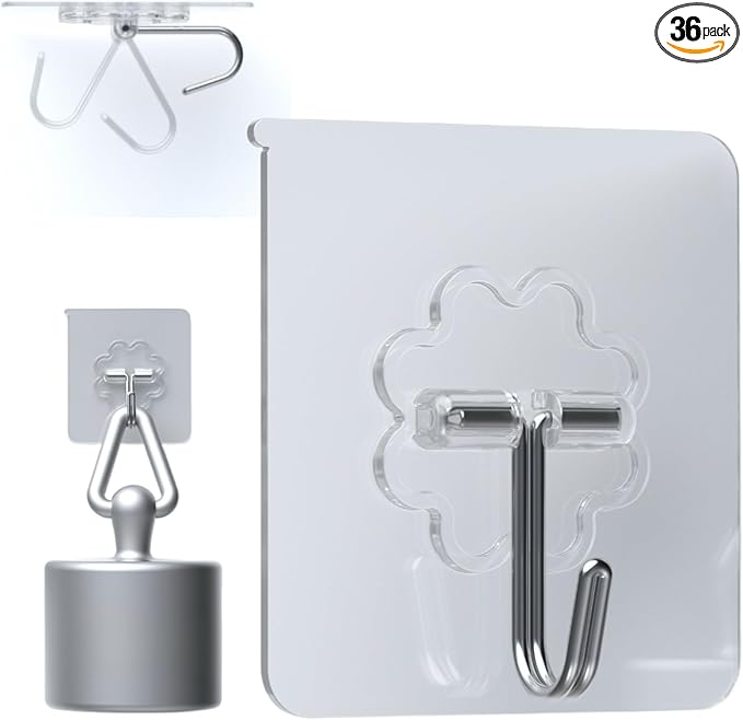 DDMY 36 Pack Heavy Duty Hooks Self Adhesive Large Hooks for Hanging,Wall Transparent Reusable Waterproof Hook for Kitchen Curtain Towel Hook for Bathrooms Coat Hook for Walls No Damage