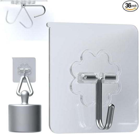 DDMY 36 Pack Heavy Duty Hooks Self Adhesive Large Hooks for Hanging,Wall Transparent Reusable Waterproof Hook for Kitchen Curtain Towel Hook for Bathrooms Coat Hook for Walls No Damage