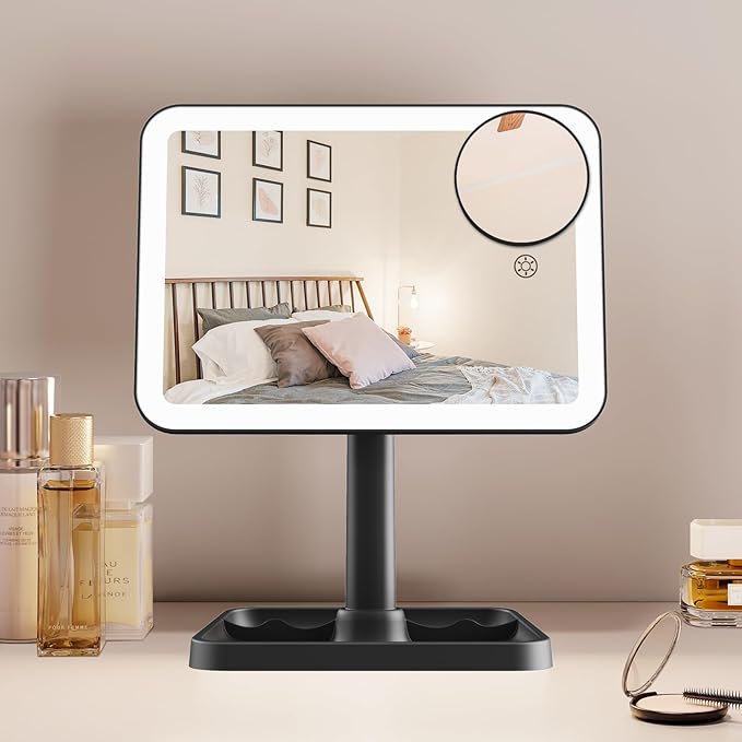 FUNTOUCH Vanity Mirror with Lights, Rechargeable 10X Magnification 3 Color Lighting Portable Tabletop Cosmetic Make Up Mirror, 360° Rotation Led Light up Mirrors with Storage,White
