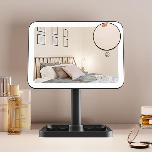 FUNTOUCH Vanity Mirror with Lights, Rechargeable 10X Magnification 3 Color Lighting Portable Tabletop Cosmetic Make Up Mirror, 360° Rotation Led Light up Mirrors with Storage,White