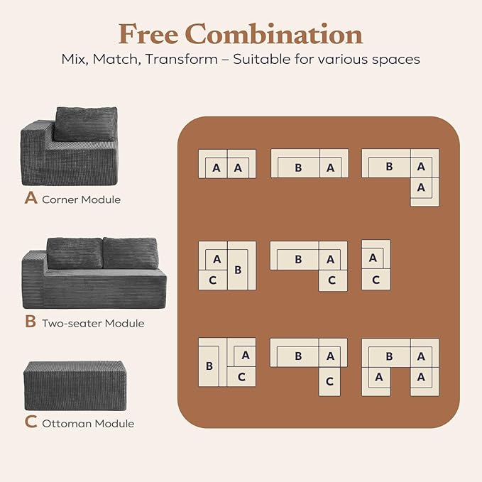 Loveseat Sofa, Cloud Modular Sofa Couch, Upholstered Floor Sofa with Deep Seat, Upholstered Foam Couch for Bedroom Living Room, No Assembly Required (Plush Corduroy Fabric, Grey)