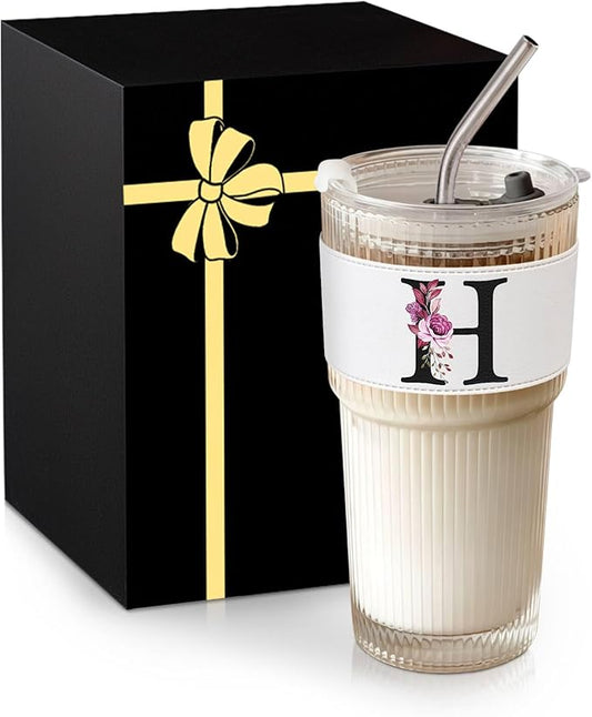 Initial Glass Straw Cup with Lid Ribbed Ice Tea Coffee Matcha Latte Tumbler Women Her Sister Girlfriend Gf Aunt Best Friend Friendship Bestie Wife Cute Birthday Asthetic Unique Personalized Gift H