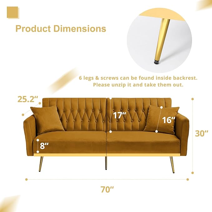 70” Velvet Futon Sofa Bed with 2 Pillows and Adjustable Armrests, Convertible Sleeper Bed W/Adjustable Backrests, Modern Loveseat for Living Room, Bedroom, Ginger