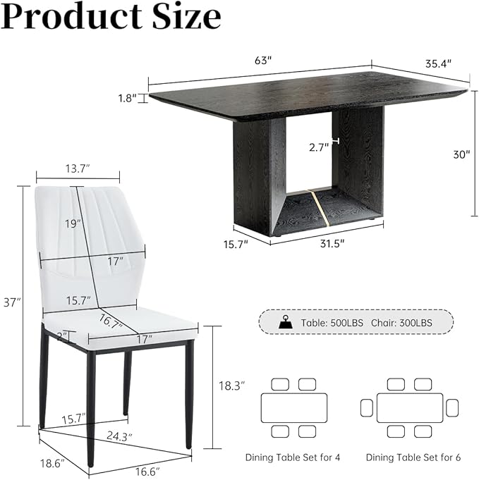 63" Modern Black Dining Table Set for 6 with Chairs, 7 Piece Rectangular Dining Room Table and 6 PU Leather Chairs, Kitchen Dining Set with Matte Wood Finish, Geometric Base, Easy Assembly