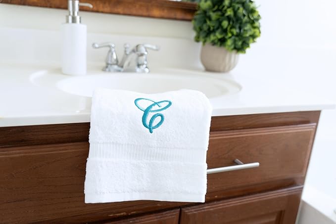 White Monogrammed Hand Towels for Bathroom - Luxury Hotel Quality Personalized Initial Embroidered Towel for Powder Room, Spa - GOTS Organic Certified - Set of 2 Teal Letter C