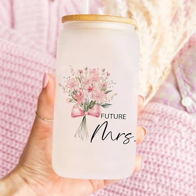 Engagement Gifts for Women, Bridal Shower Gift 16oz Glass Cup with Lid and Straw, Bride To Be Gifts, Wedding Gift for Bride, Bride Gifts, Future Mrs Mug Cup, Engaged Gifts for Her