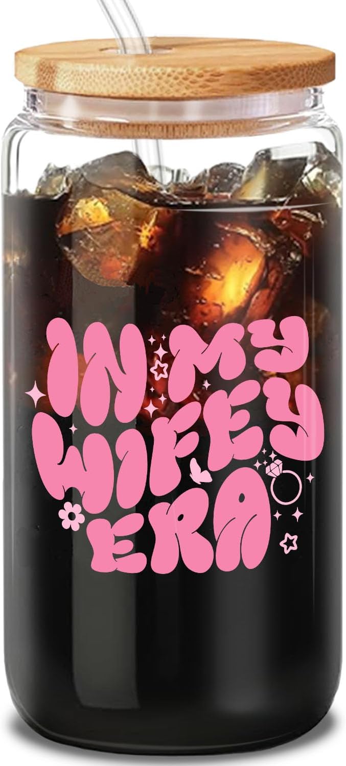 In My Wifey Era Pink Glass Tumbler - 16oz Gift for Bride to Be, Chic Bridal Shower & Bachelorette Party Gift, Classy Wedding Decorations for the Bride