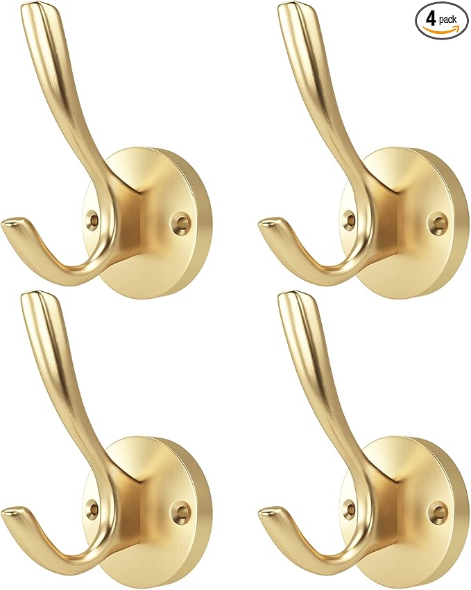 ZUONAI Gold Hooks 4 Pack Towel Hooks Gold Brushed Gold Wall Hooks Heavy Duty Metal Coat Hooks for Hanging Coats and Hat Hooks Wall Mounted Towel Hook for Bathrooms