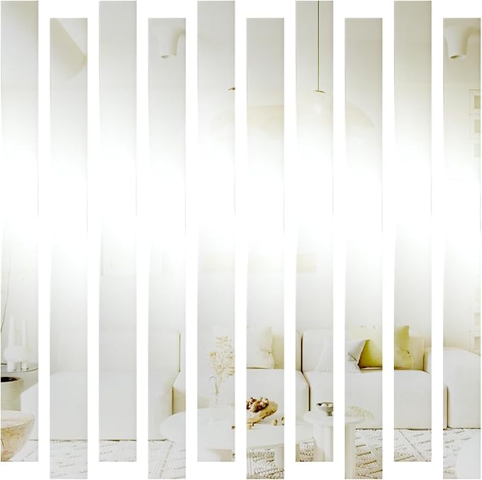 10Pcs DIY Striped Mirror Stickers 1.57" Wide Self Adhesive Removable Long Acrylic Frameless Mirror Sheets for Home Living Room Bedroom DIY Decor (Silver)