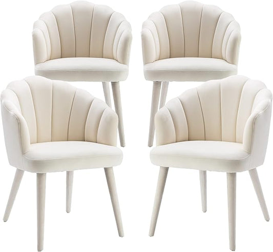 Velvet Dining Chairs Set of 4 Modern Living Room Chairs with Petal Back & Wood Legs Comfy Upholstered Side Chair for Dining Room/Bedroom/Vanity, Cream