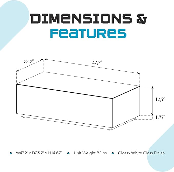 SONOROUS Premium Tempered Glass Coffee Table - Modern White Rectangular Coffee Tables for Living Room - High Gloss Fingerprint Resistant Mid Century Design - Stylish Living Room Furniture & Décor