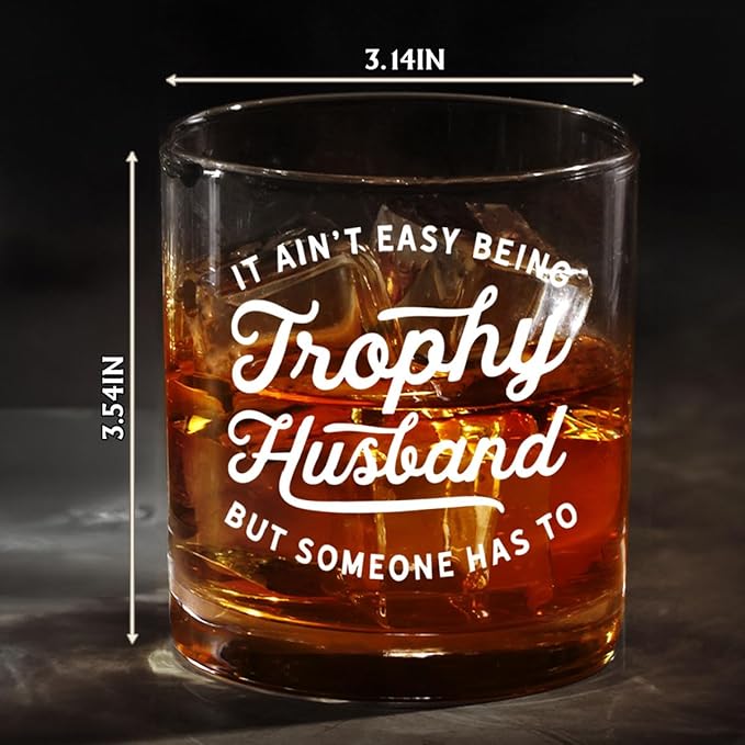 DOPTIKA Christmas Birthday Gifts For Him, 11 Oz Novelty Old Fashioned Glass, Anniversary Husband Gift From Wife, Bourbon Gifts For Men, It Ain't Easy Being A Trophy Husband Whiskey Glass