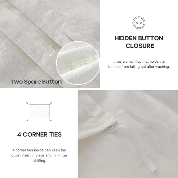Simple&Opulence French Linen Duvet Cover Set with Stripe 104”x92”, 3 Pieces(1 Comforter Cover and 2 Pillow Shams) Rustic Natural Flax Cotton Blend(King,White and Linen)