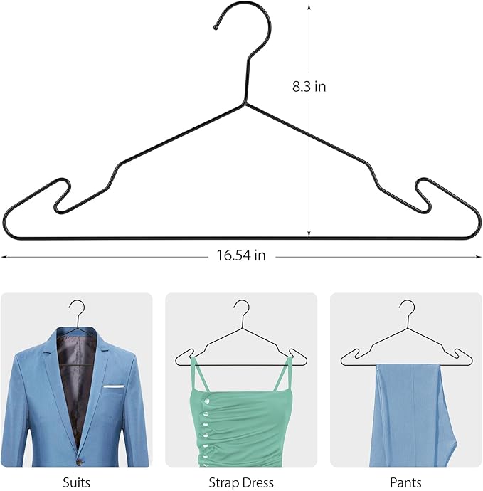 Black Aluminum Hangers, 16.5 Inch Smooth and Durable Metal Shirt Dress Hanger, Lightweight and Sturdy Metal Hanger for Suit Jackets and Casual Pants (30 Pack)