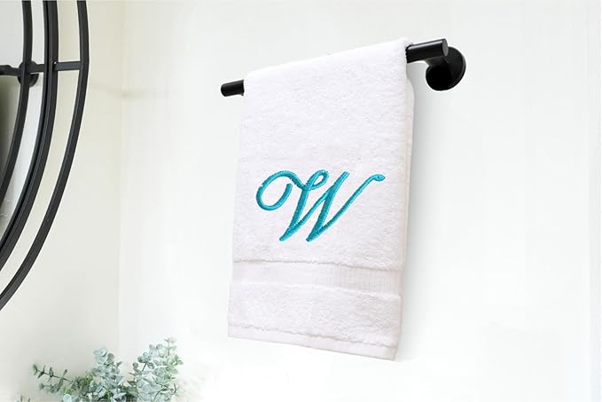 White Monogrammed Hand Towels for Bathroom - Luxury Hotel Quality Personalized Initial Embroidered Towel for Powder Room, Spa - GOTS Organic Certified - Set of 2 Teal Letter W