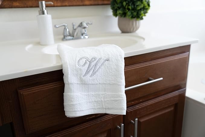 White Monogrammed Hand Towels for Bathroom - Luxury Hotel Quality Personalized Initial Embroidered Towel for Powder Room, Spa - GOTS Organic Certified - Set of 2 Silver Letter W