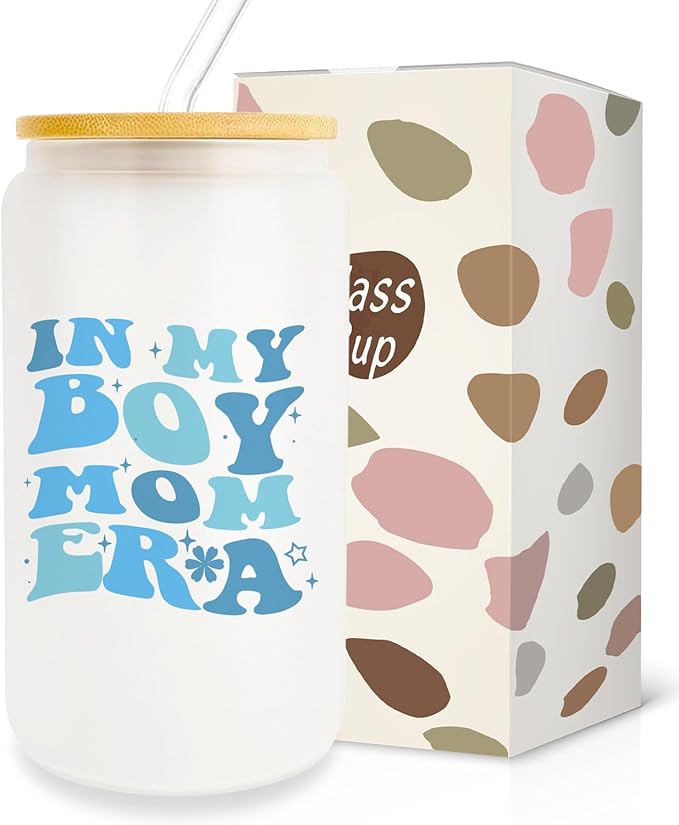 Gifts For Boy Mom, Boy Mom Gifts For Mom, New Mom, Gifts For a Mom of Boys, 16oz Glass Cup with Lid and Straw, Birthday Gifts For Pregnant Mom, Expecting Mom, Mama, Mom To Be
