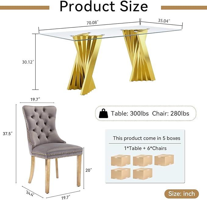 Goujxcy Modern 7 Piece Glass Dining Table Set Luxury Glass Kitchen Table and Chair Set for 6, 70" Large Rectangular Dining Room Table with 6 Tufted Chairs and Stainless Steel Legs (Gold & Grey)