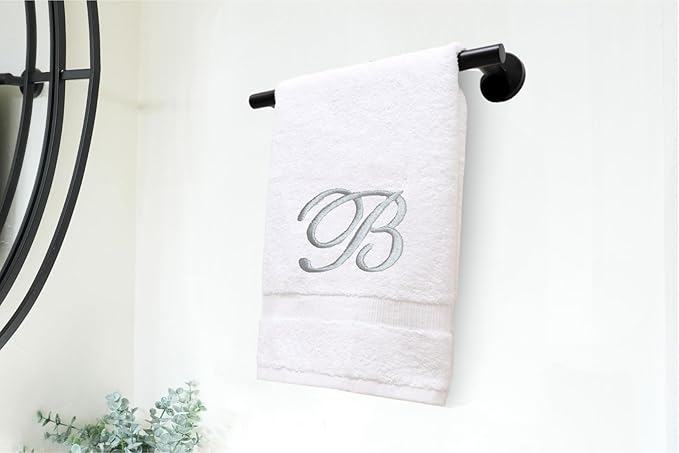 White Monogrammed Hand Towels for Bathroom - Luxury Hotel Quality Personalized Initial Embroidered Towel for Powder Room, Spa - GOTS Organic Certified - Pack of 2 Silver, Letter B