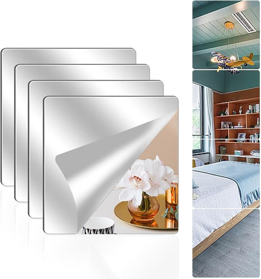 4 Pack Wall Mirror Full Length, 18 x 18 Inch Unbreakable Acrylic Mirror Tiles, Shatterproof Flexible Plastic Mirror Sheets for Bedroom Home Gym Door (4P 18"x18")